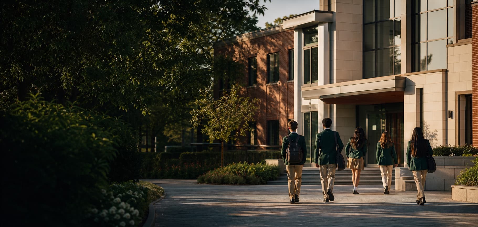 Students arriving at a modern Oakridge campus